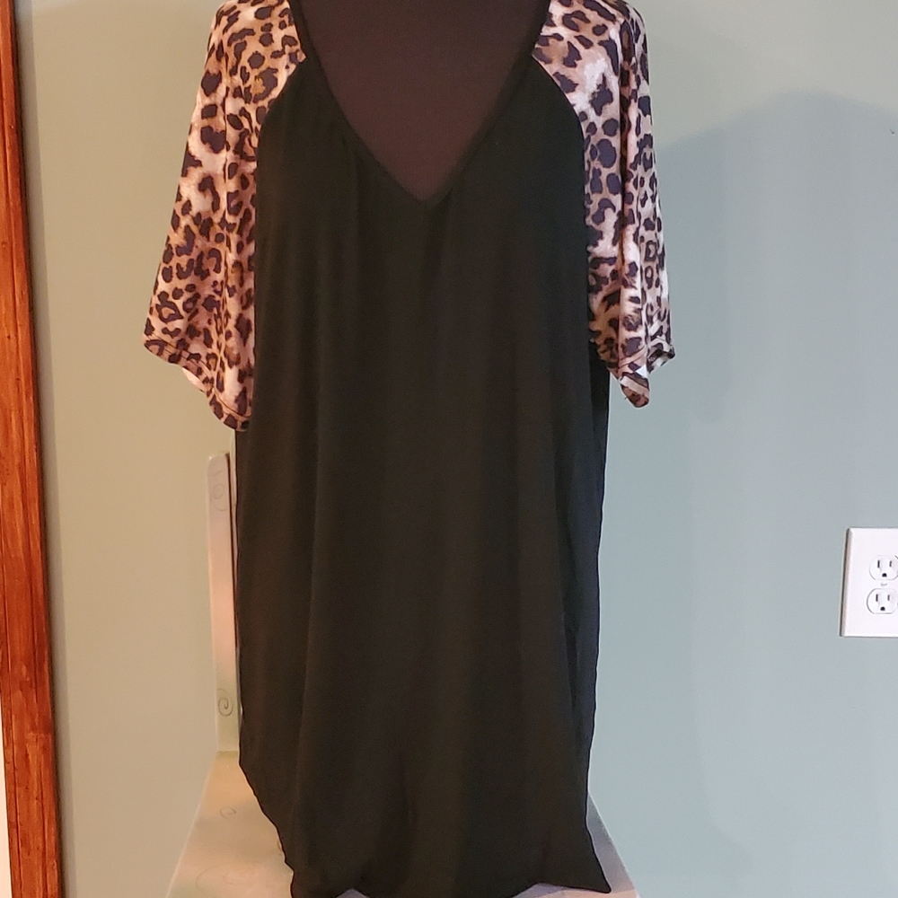 4 for $25 Black V Neck Top with Leopard Print Sleeves